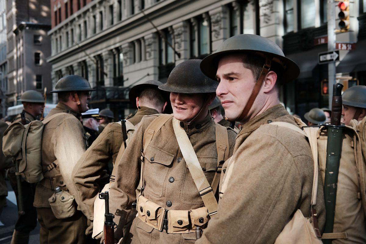 Men wear World War I replica uniforms as they wait to march in the Veterans Day Parade in New York on Nov. 11, 2017. (Spencer Platt/Getty Images)