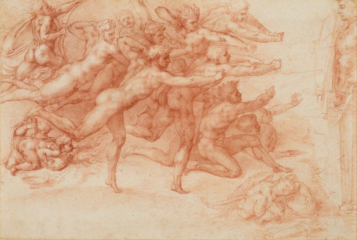 “Archers Shooting at a Herm,” 1530–1533, by Michelangelo Buonarroti (Italian, Caprese 1475–1564 Rome). Drawing, red chalk. 8 5/8 inches by 12 11/16 inches. (ROYAL COLLECTION TRUST/HER MAJESTY QUEEN ELIZABETH II 2017)