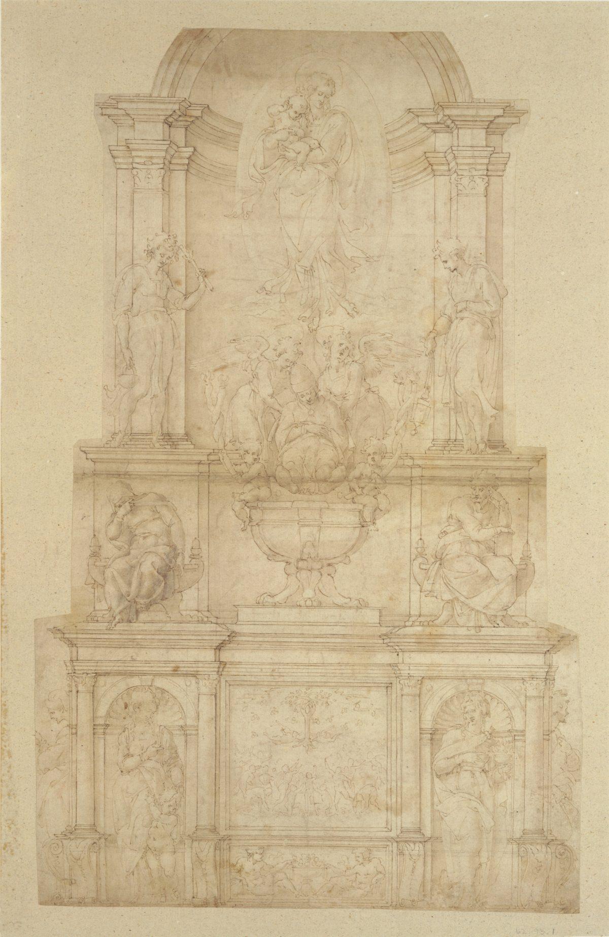 Design for the Tomb of Pope Julius II della Rovere, 1505–1506, by Michelangelo Buonarroti (1475–1564). Pen and brown ink, brush and brown wash, over stylus ruling and leadpoint. 20-1/16 inches by 12-9/16 inches. The Metropolitan Museum of Art, Rogers Fund, 1962. (The Metropolitan Museum of Art)