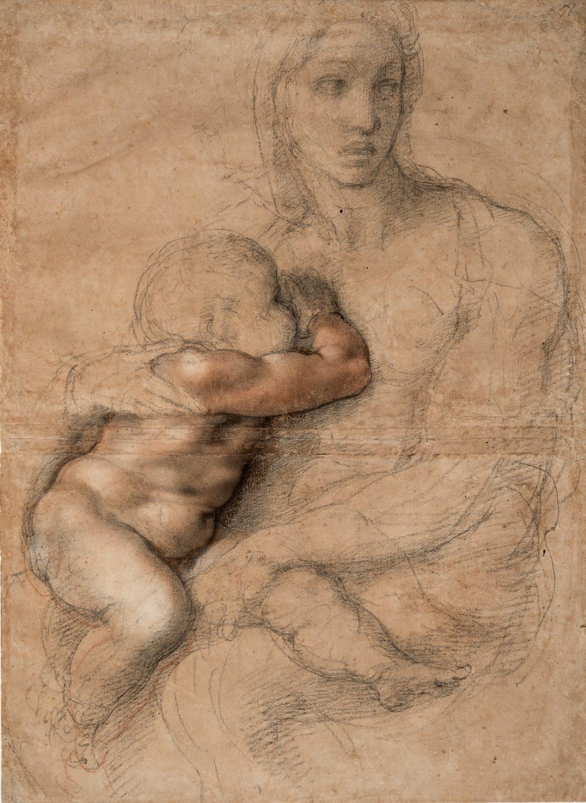 Unfinished Cartoon for a Madonna and Child, 1525–1530, by Michelangelo Buonarroti (Italian, Caprese 1475–1564 Rome). Drawing, black and red chalk, white gouache, brush and brown wash. 21 5/16 inches by 15 9/16 inches. (Casa Buonarroti, Florence)