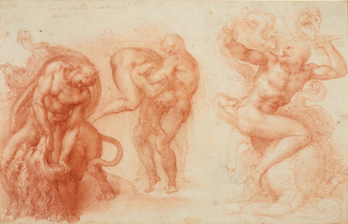 “Three Labors of Hercules,” 1530–1533, by Michelangelo Buonarroti (1475–1564). Drawing, red chalk. 10 11/16 inches by 16 5/8 inches. (Royal Collection Trust/Her Majesty Queen Elizabeth II, 2017, www.royalcollection.org.uk)