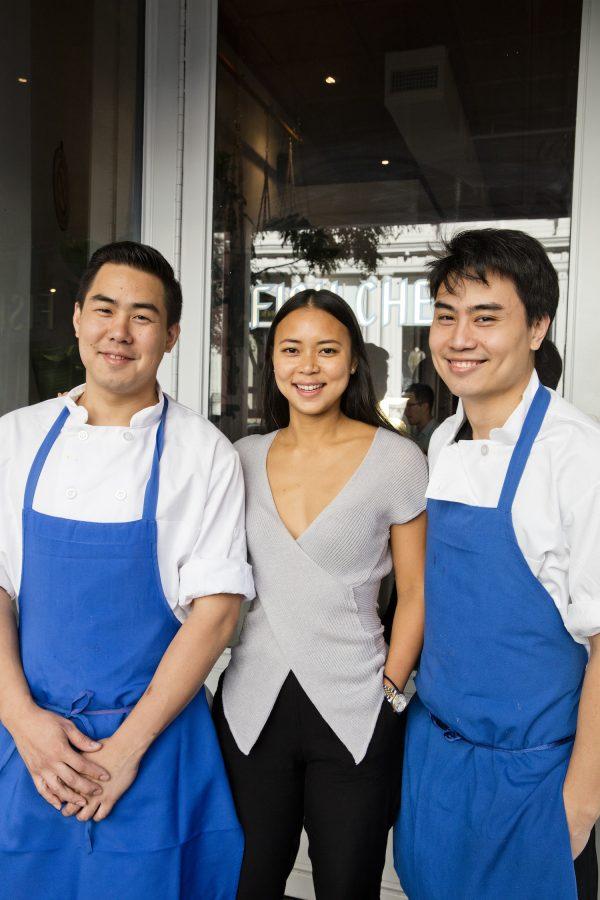 Brothers and chefs Chat (L) and Ohm Suansilphong (R) with business partner Jenn Saesue (C). (Courtesy of Fish Cheeks)
