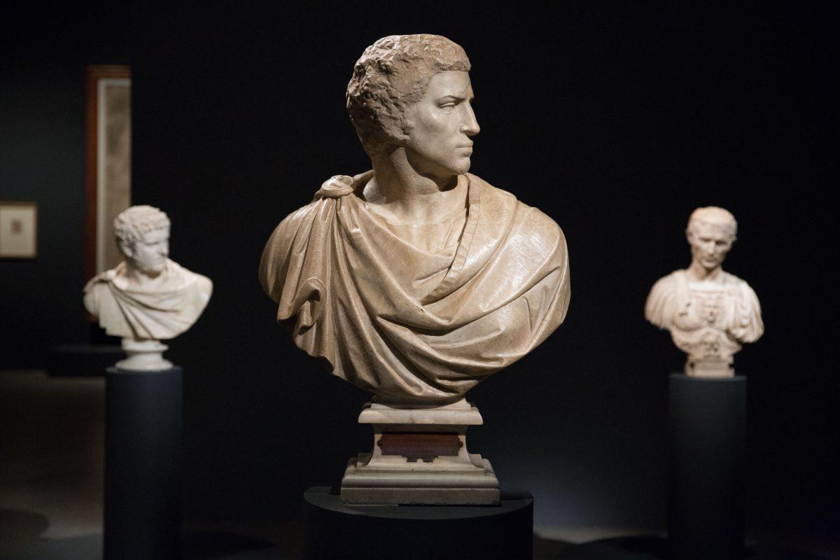 “Bust of Brutus,” by Michelangelo Buonarroti (Italian, Caprese 1475–1564 Rome) with some assistance by Tiberio Calcagni (1532–1565 Florence). Unfinished marble sculpture. Museo Nazionale del Bargello collection, at the Metropolitan Museum of Art in New York on Nov. 6, 2017. (Benjamin Chasteen/The Epoch Times)