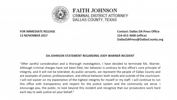 Criminal District Attorney for Dallas County has issued a press release announcing the termination of assistant district attorney Jody Warner. (Twitter)