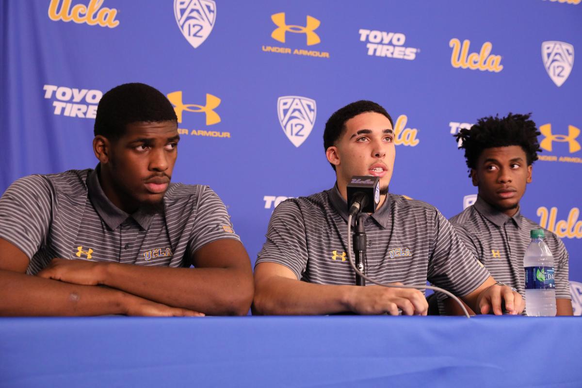 UCLA basketball players Cody Riley, LiAngelo Ball and Jalen Hill speak at a press conference at UCLA after flying back from China, where they were detained on suspicion of shoplifting, in Los Angeles on Nov. 15, 2017. (REUTERS/Lucy Nicholson)