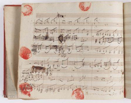 A page from Ludwig van Beethoven’s sketchleaf, showing revisions in his own hand. (Sotheby's; The Juilliard Manuscript Collection)