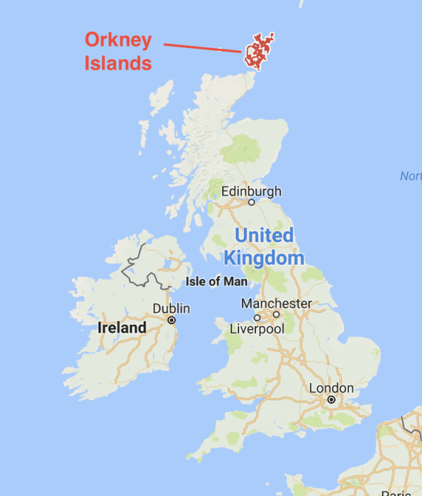 The Orkney Islands are shown in red, just north and east of the Scottish mainland.(Screenshot/Google Maps)