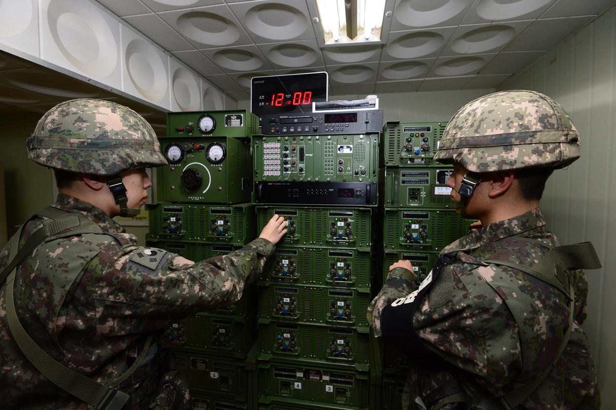 South Korean soldiers operate the loudspeakers at a studio near the border between South Korea and North Korea on January 8, 2016 in Yeoncheon, South Korea. (Korea Pool-Donga Daily via Getty Images)