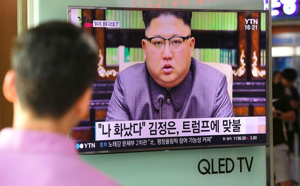 A man watches a television news screen showing a picture of North Korean leader Kim Jong-Un delivering a statement in Pyongyang, at a railway station in Seoul on Sept. 22, 2017. (Jung Yeon-Je/AFP/Getty Images)