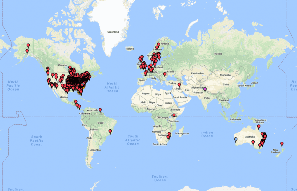 A map showing self-reported cases of Alpha-Gal syndrome or Mammalian Meat Allergy across the world as of November 2017. (Screenshot via ZeeMaps)