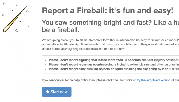 A screenshot of the page where eyewitnesses can input information on fireball sightings. (Vigie-Ciel)