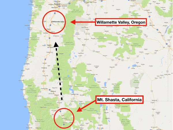 The activity seems to have begun in the proximity of Mt. Shasta (Northern California) and continued into Southern Oregon, past Crater Lake and up through the Willamette Valley. (Google Maps)