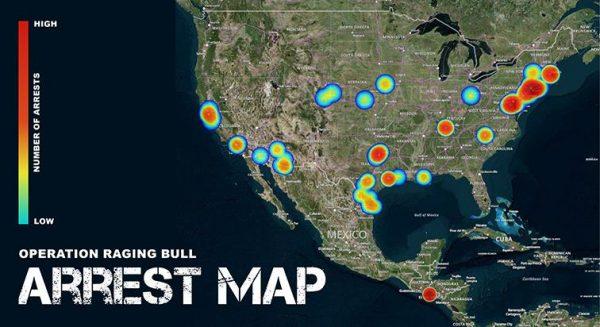A map shows the concentration of MS-13 gang arrests during "Operation Raging Bull," carried out from Oct. 8 through Nov. 11. (ICE)