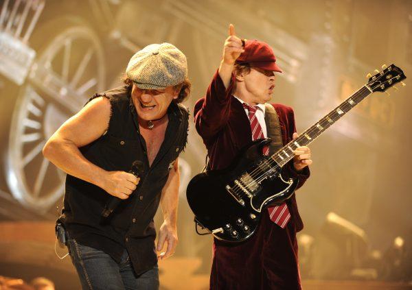 Singer Brian Johnson(L) and Angus Young of AC/DC perform during their "Black Ice" Tour Opener on Oct. 28, 2008, in Wilkes-Barre, Penn. (Kevin Mazur/Getty Images)