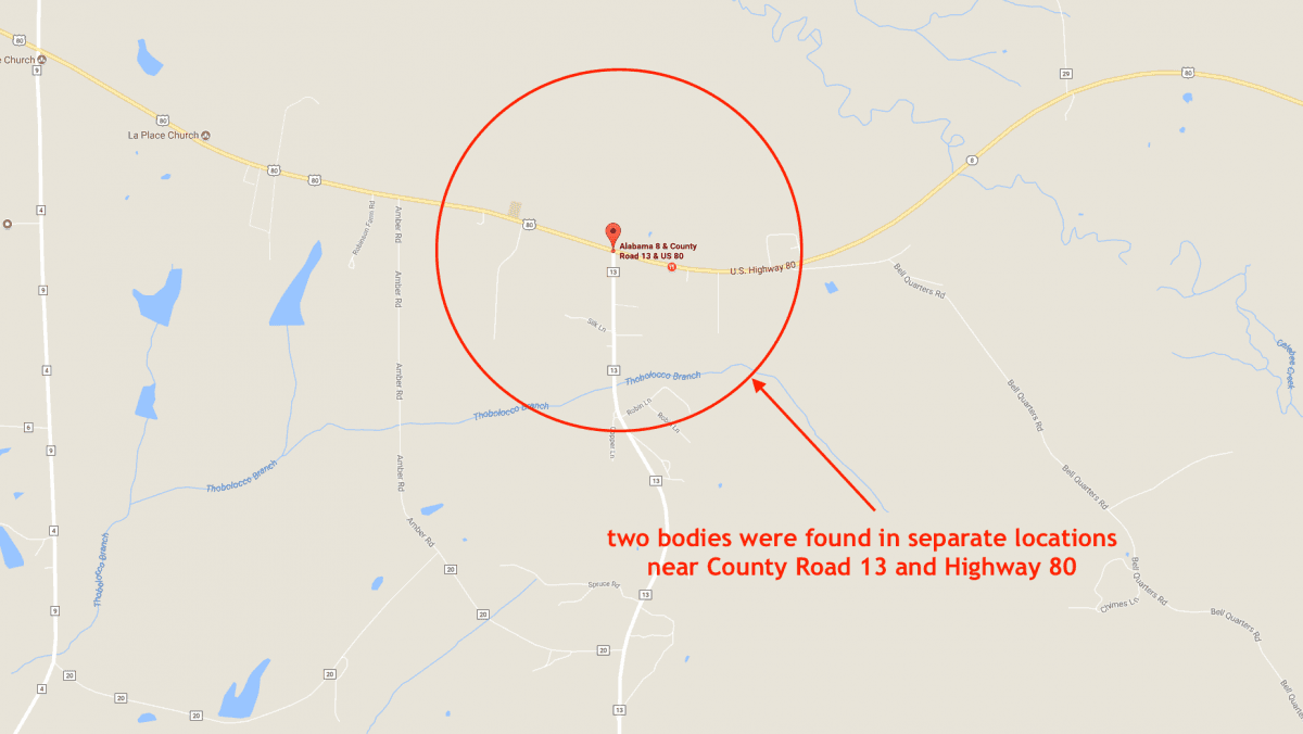 Approximate location of two bodies discovered in Macon County, Alabama, believed to be Edward Reeves and Kendrick Stokes. (Google Maps)