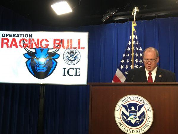 ICE's Thomas Homan announces 267 MS-13 gang arrests during the agency's "Operation Raging Bull," at the ICE headquarters in Washington on Nov. 16, 2017. (Charlotte Cuthbertson/The Epoch Times)
