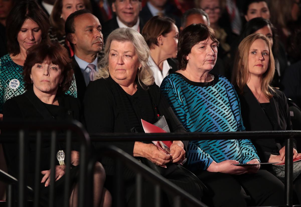 (L-R) Kathleen Willey, Juanita Broaddrick and Kathy Shelton sit before the town hall debate at Washington University in St Louis, Miss., on Oct. 9, 2016, Wiley has accused Bill Clinton of sexually harassing her, and Broaddrick has accused him of raping her. In a controversial defense of one of the two men who had raped the 12-year-old Shelton, Hillary Clinton attacked the child's character.  (Scott Olson/Getty Images)