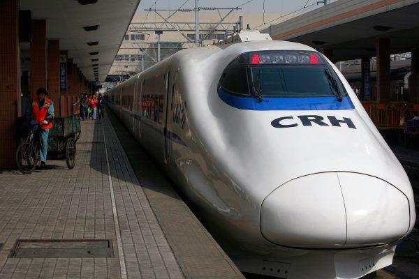 A CRH (China Railway High-speed) bullet train at the Hangzhou Railway Station in Hangzhou City, Zhejiang Province, on January 28, 2007. (China Photos/Getty Images)