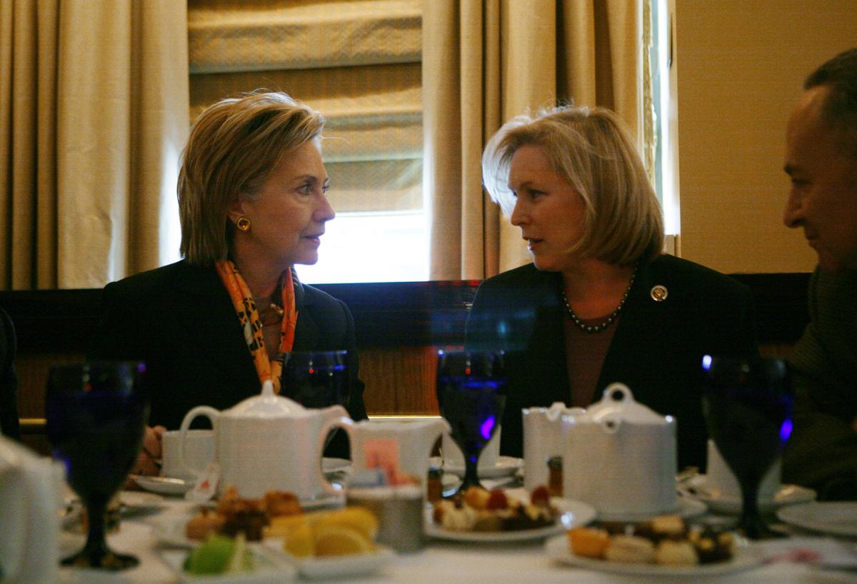 Senator-designate Rep. Kirsten Gillibrand (D-N.Y.) and U.S. Secretary of State Hillary Rodham Clinton (L) during a lunch meeting with New York Gov. David A. Paterson and U.S. Sen. Charles Schumer (D-N.Y.) at the Waldorf-Astoria Hotel on Jan. 25, 2009 in New York City. (Hiroko Masuike/Getty Images)
