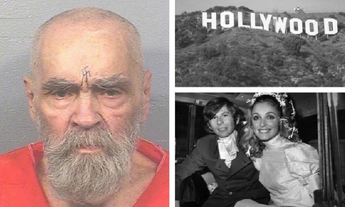 (L) The most recent image of Charles Manson, taken in August. (Courtesy of the California Department of Corrections and Rehabilitation) (Top R) Hollywood in Los Angeles. (Oreos via Wikimedia Commons CC BY-SA). (Bottom R) Manson’s followers killed actress Sharon Tate (pictured with her husband Roman Polanski) in her Los Angeles Home along with four others on Aug. 9, 1969. (Evening Standard/Getty Images)