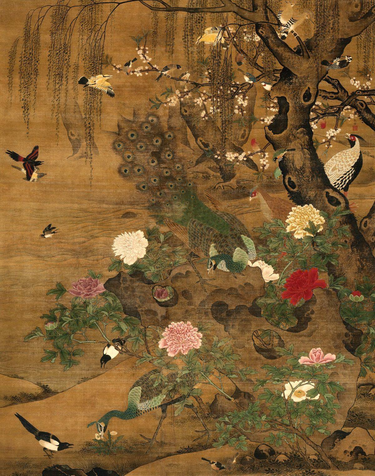 “Hundreds of Birds Admiring the Peacocks,” late 1400s–early 1500, by Yin Hong (active 1487–1505). Ink and color on silk hanging scroll, 94.4 inches by 76.9 inches. (The Cleveland Museum of Art)