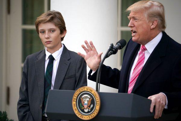Barron Trump joins his father as the president pardons Drumstick, the national Thanksgiving turkey, in the Rose Garden at the White House on Nov. 21, 2017. (Chip Somodevilla/Getty Images)