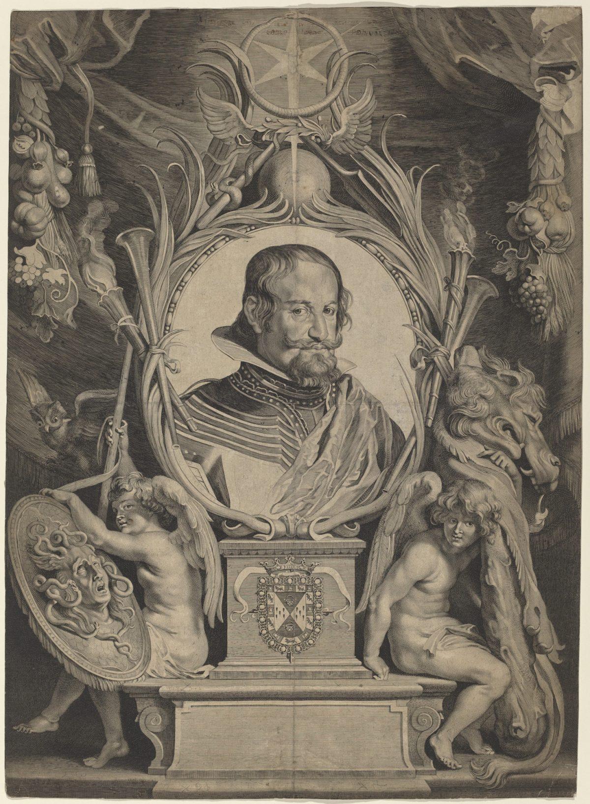 “Gaspar de Guzmán, Count-Duke of Olivares,” circa 1626, by Paulus Pontius, after Diego Velázquez and Peter Paul Rubens. Engraving on paper, 23 3/4 inches by 17 3/16 inches. National Gallery of Art, Washington, gift of the estate of Leo Steinberg, 2011. (Courtesy National Gallery of Art, Washington)