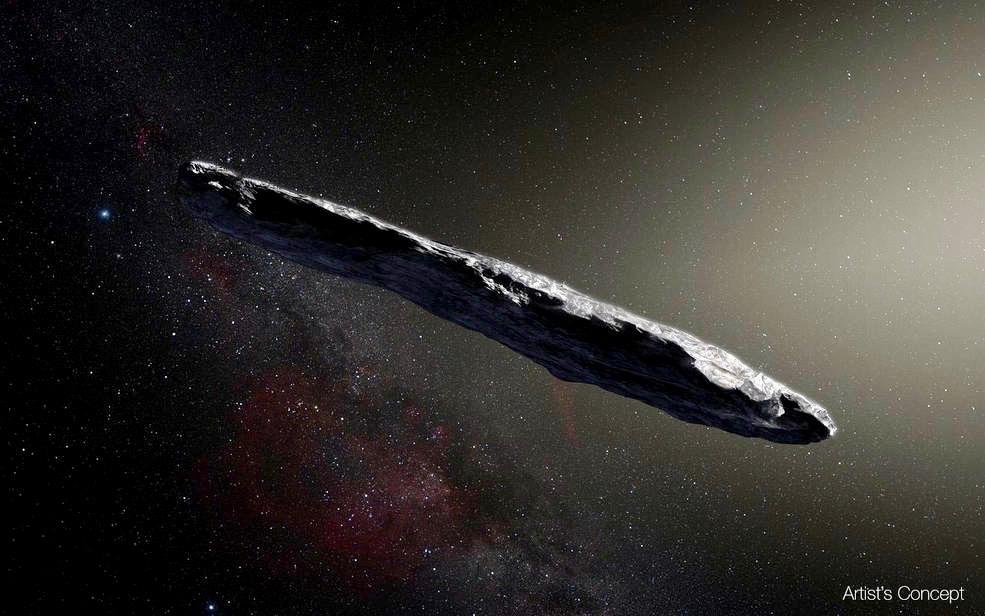This artist’s impression shows the first interstellar asteroid: `Oumuamua. This unique object was discovered on Oct. 19, 2017, by the Pan-STARRS 1 telescope in Hawai`i. Subsequent observations from ESO’s Very Large Telescope in Chile and other observatories around the world show that it was travelling through space for millions of years before its chance encounter with our star system. (European Southern Observatory/M. Kornmesser)