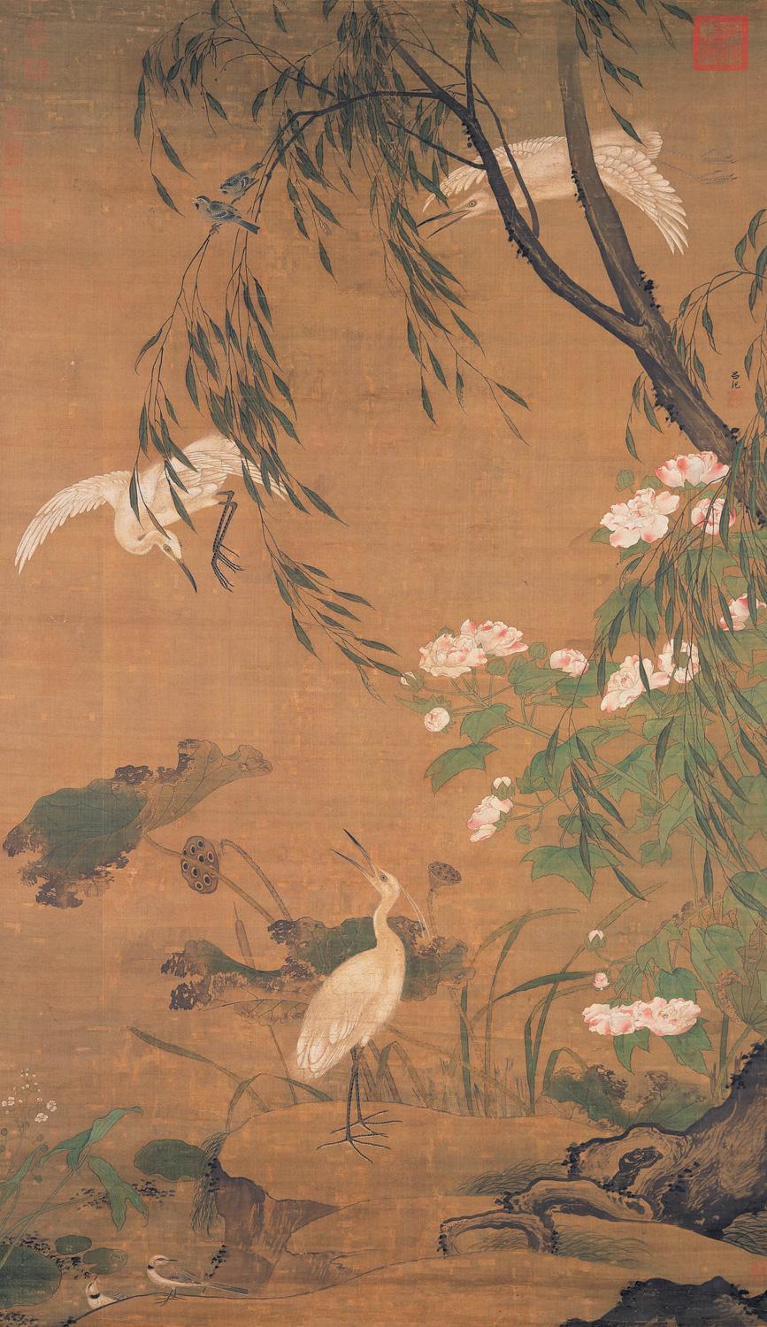 "Autumn Egrets and Hibiscus, Ming Dynasty," by Lu Ji (1439–1505). Ink and color on silk hanging scroll, 75.8 inches by 44 inches. (National Palace Museum, Taipei)