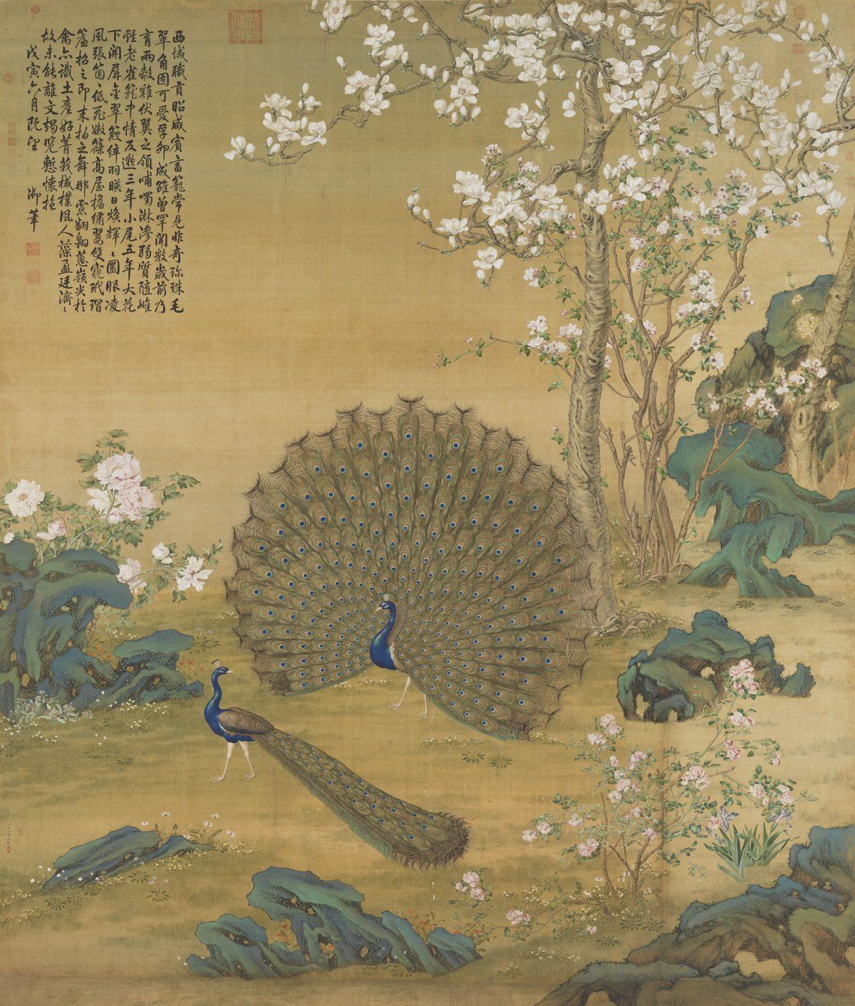 “Peacock Spreading Its Tail Feathers,” 1758, by Giuseppe Castiglione (aka Lang Shining; 1688–1766). Ink and color on silk hanging scroll, 129.1 inches by 111 inches. (National Palace Museum, Taipei)