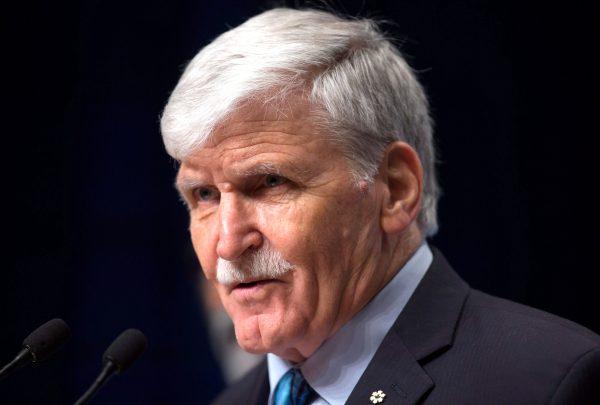 Retired lieutenant-general Romeo Dallaire speaks during a news conference at the 2017 United Nations Peacekeeping Defence Ministerial conference in Vancouver on Nov. 15, 2017. (The Canadian Press/Darryl Dyck)