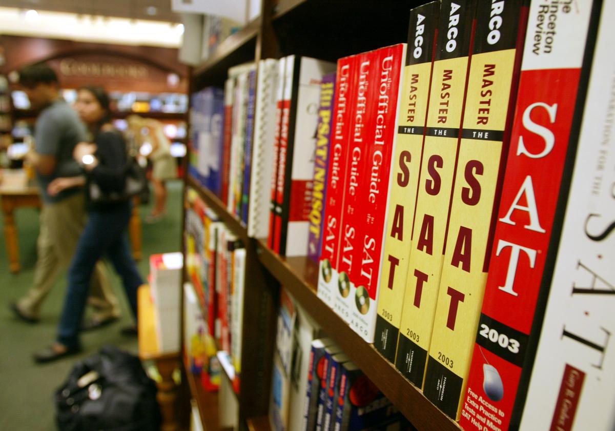 SAT test preparation books sit on a shelf at a Barnes and Noble store in New York City on June 27, 2002. (Mario Tama/Getty Images)