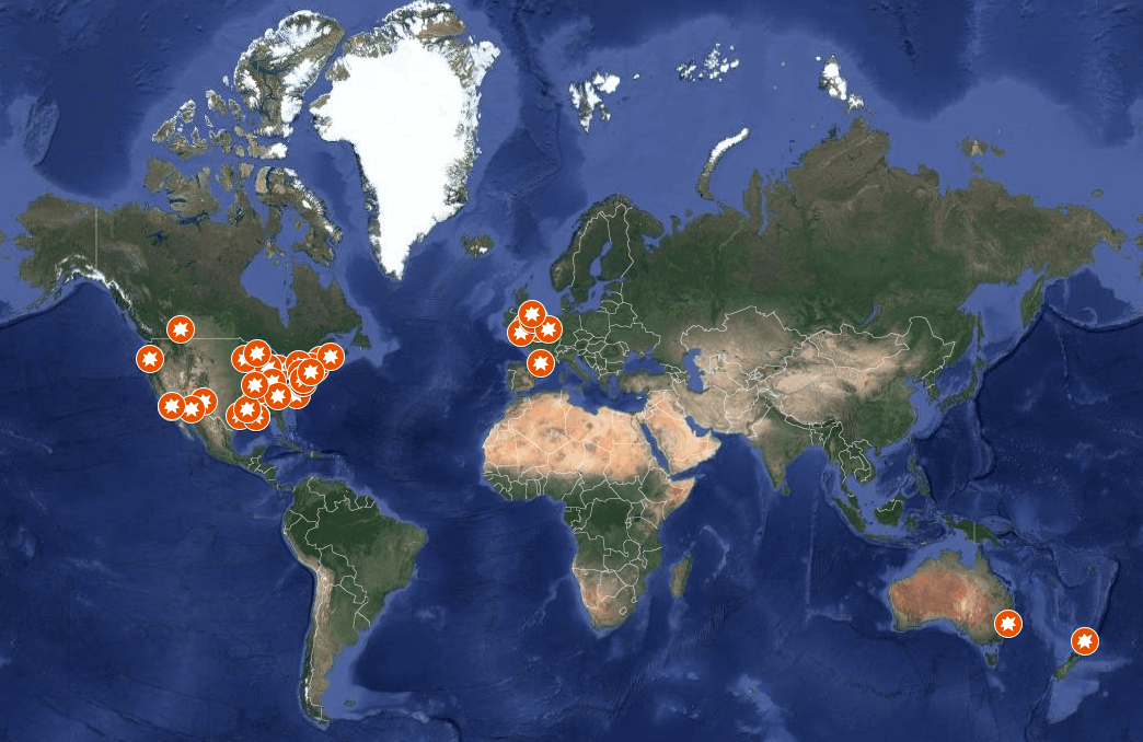 Approximate locations of loud boom reports in 2017. (Screenshot via Google My Maps)