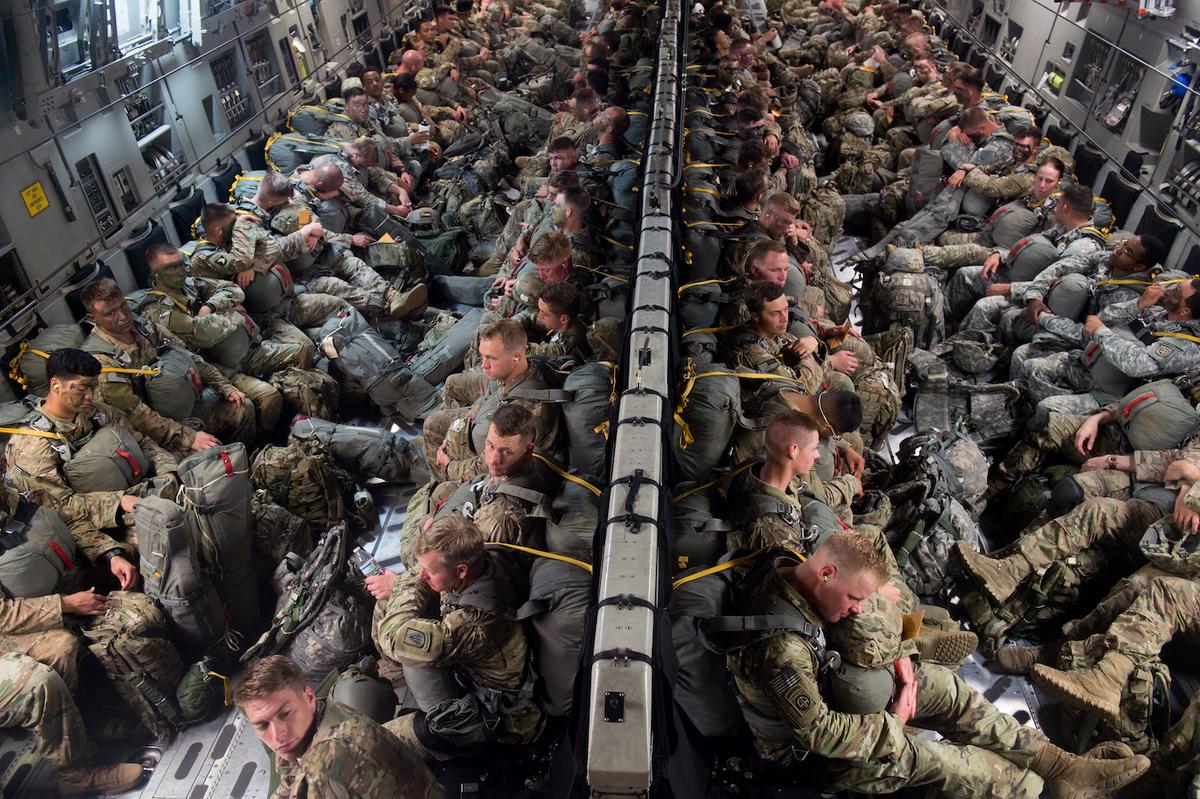 The 1st Brigade Combat Team of the 82nd Airborne Division onboard a C-17 Globemaster on July 16, 2016. (Photo Courtesy of USAF 3rd COMCAM)
