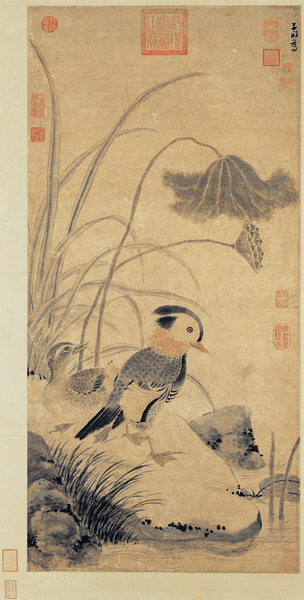 “Withered Lotus and Water Birds,” Yuan Dynasty, by Zhang Zhong (Fl. 1336–1360). Ink and color on paper hanging scroll, 38 inches by 18.1 inches. (National Palace Museum, Taipei)