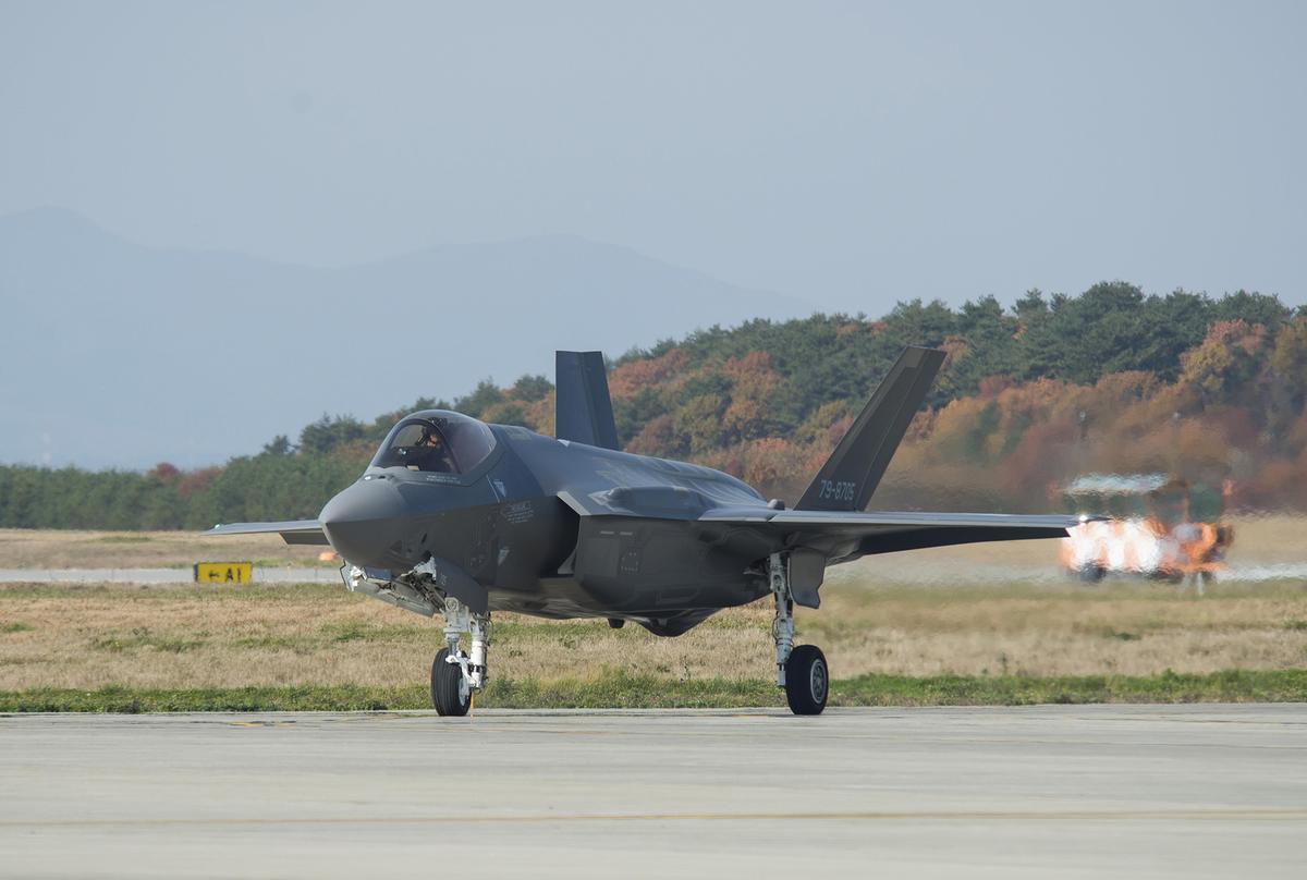 An F-35A taxis on the runway at Misawa Air Base, Japan, Nov. 2, 2017, where it stopped for a safety check before flying across the Pacific Ocean for tests in the United States. (U.S. Air Force Senior Airman Brittany A. Chase)
