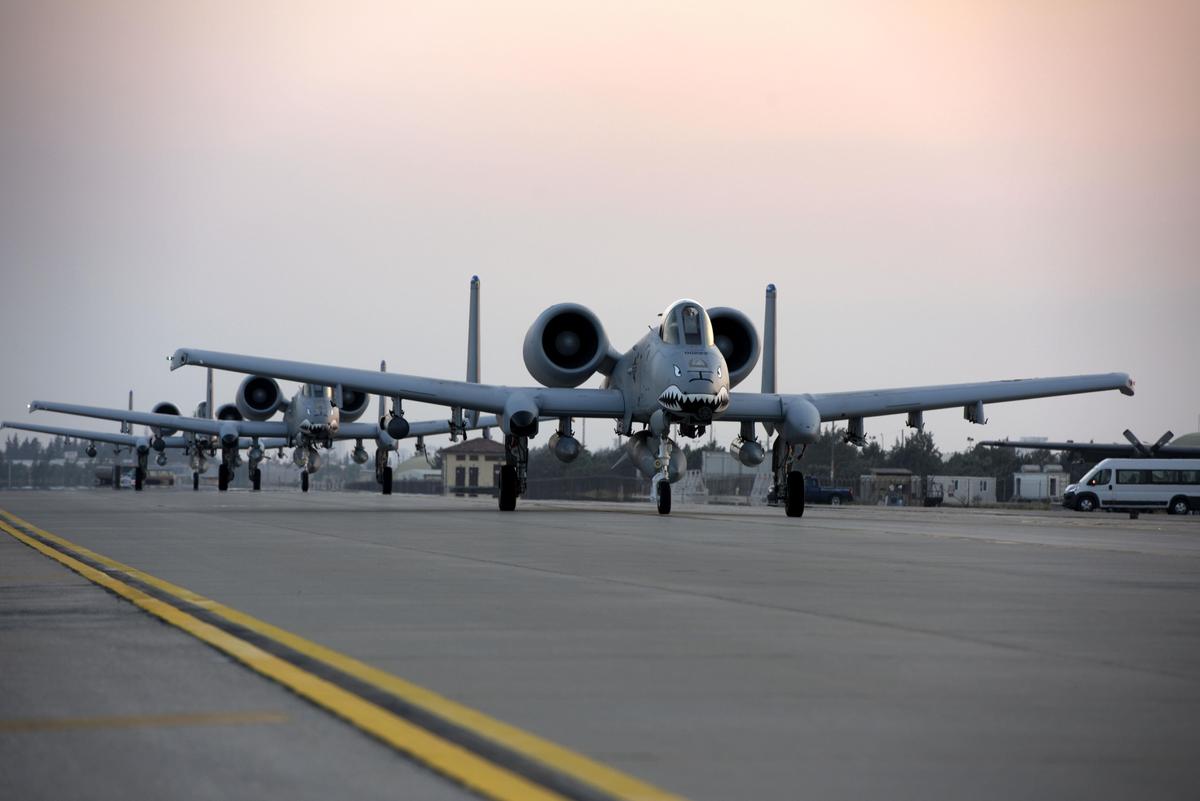 Three U.S. Air Force A-10 Thunderbolt IIs taxi along the flight line July 15, 2017, at Incirlik Air Base, Turkey. The A-10s are deployed here from the 74th Fighter Squadron in support of Operation Inherent Resolve (U.S. Air Force photo by Airman 1st Class Kristan Campbell)