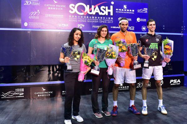 The four Egyptian finalists in the 2017 Hong Kong Squash Open on Nov 19, (L-R) Raneem El Welily, Nour El Sherbini, Mohamed Elshorbagy and Ali Farag. (Bill Cox/Epoch Times)