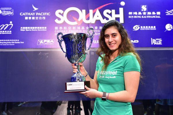 Nour El Sherbini displays her Championship trophy after the final of the women’s Hong Kong Squash Open on Nov 19. (Bill Cox/Epoch Times)
