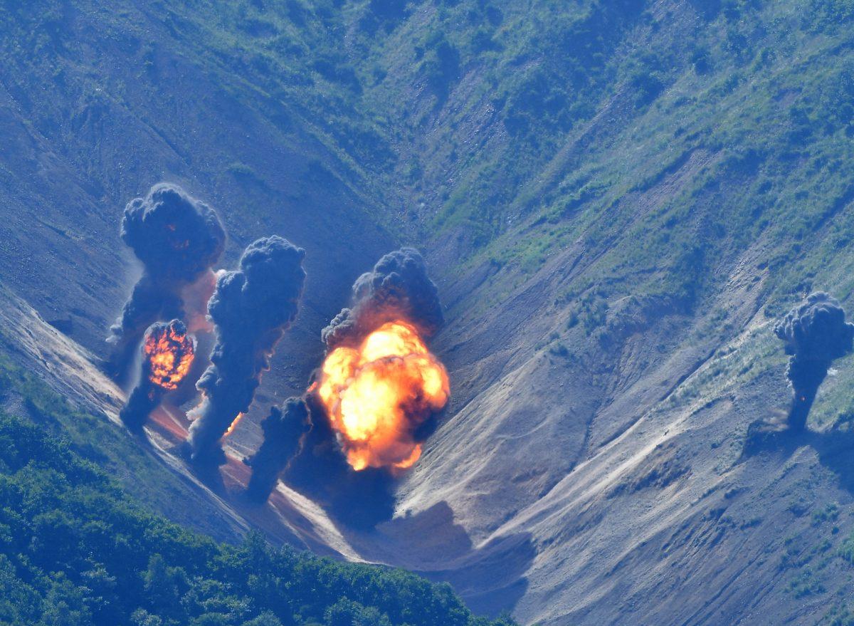 Bombs hit mock targets at the Pilseung Firing Range in Gangwon-do, South Korea, on Aug. 31, 2017. (Handout/South Korean Defense Ministry via Getty Images)