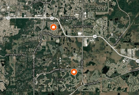 Two areas where Stephen Titland allegedly tried to break into cars. Hawbuck Street in Trinity Oaks, Fla., (B) and Murrow Street in New Port Richey, Fla. (Screenshot via Google My Maps)