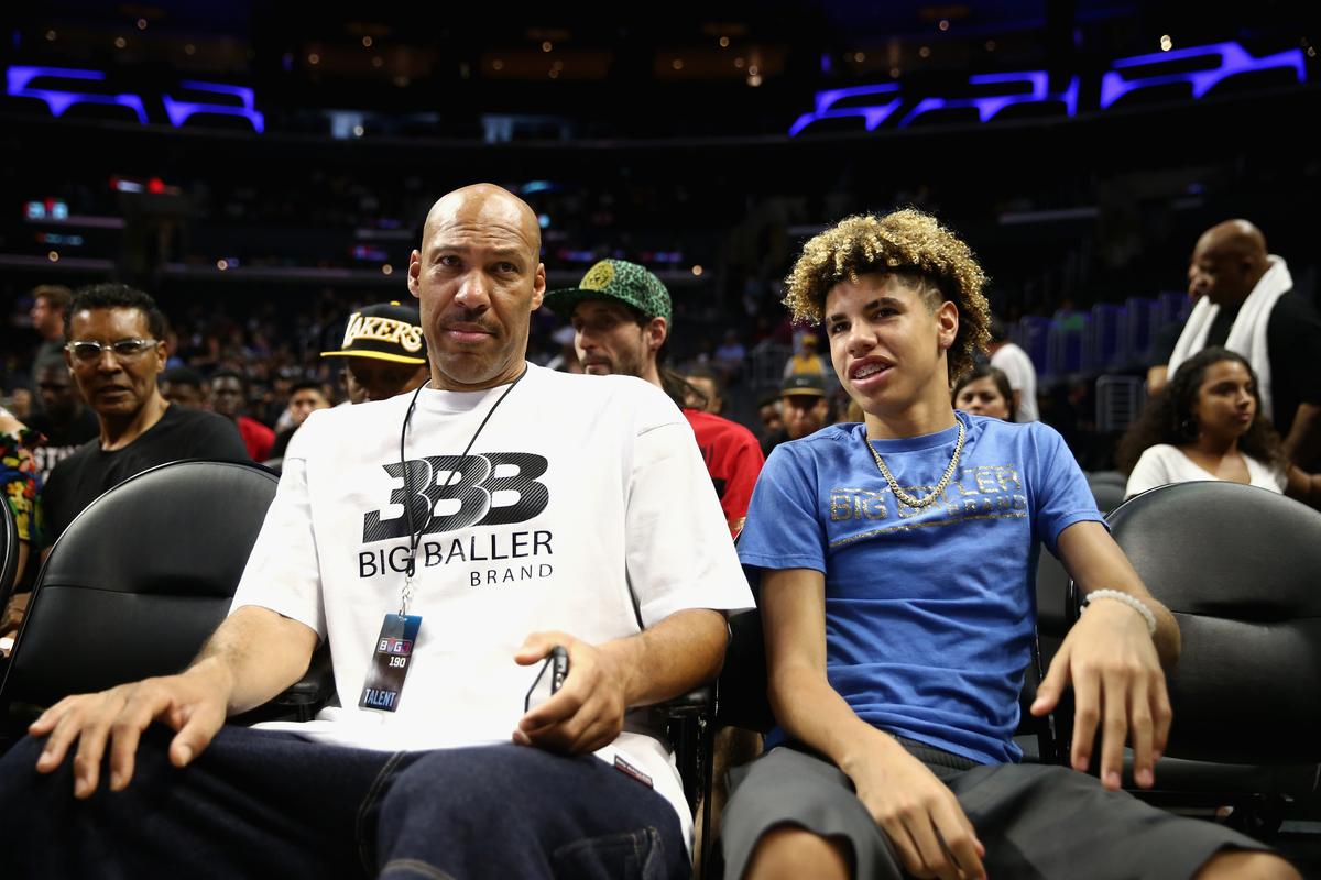 Lavar Ball and LaMelo Ball during week eight of the BIG3 three on three basketball league at Staples Center in Los Angeles on Sept. 17, 2017. (Sean M. Haffey/Getty Images)