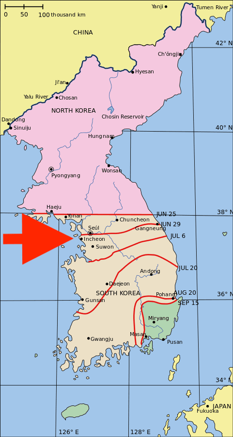 A map showing North Korea’s advance month by month. The Pusan Perimeter is the border of the green portion of the peninsula and marks where Allied forces managed to stop the North Korean advance. The red arrow points to Incheon, the landing site of General MacArthur’s tide-turning amphibious offensive. (Epoch Times/Wikimedia Commons)