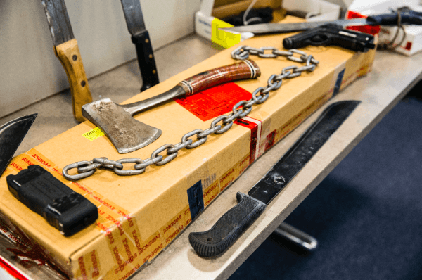 Weapons used by alleged MS-13 gang members named in the 84-count indictment, including eight attempted murders, in Nassau County, Long Island, N.Y., on June 15, 2017. (Samira Bouaou/The Epoch Times)