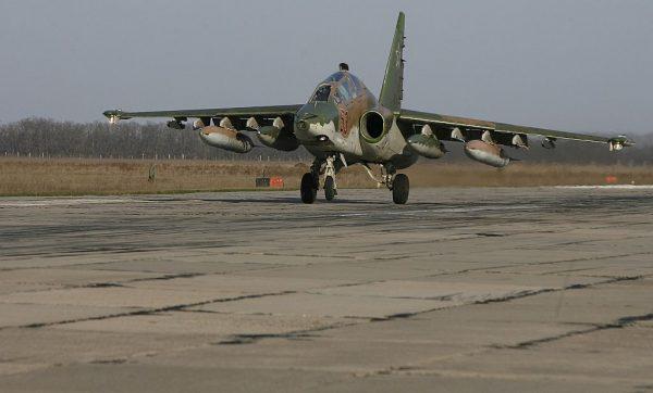 A Russian Su-25 ground attack aircraft lands at an airbase in southern Russia's Krasnodar region as part of the withdrawal of Russian armed forces from Syria on March 16, 2016. (Sergei Venyavsky/AFP/Getty Images)