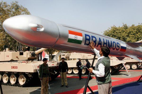 A Brahmos missile at the inaugural ceremony of the international DefExpo 2008 defence fair, in New Delhi on Feb. 16, 2008. (Raveendran/AFP/Getty Images)