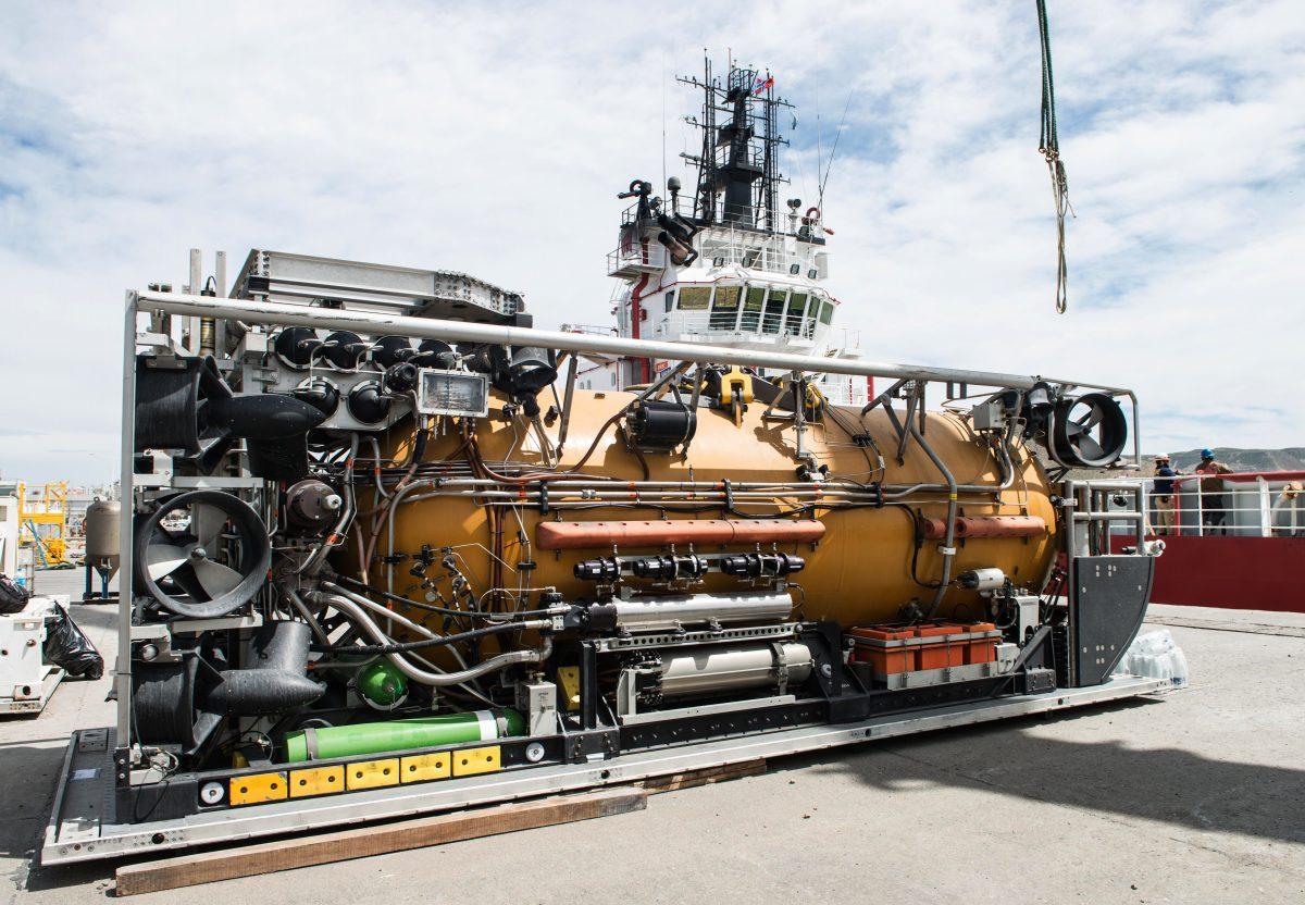 The Pressurized Rescue Module (PRM) a deep diving rescue vehicle of the Submarine Rescue Diving and Recompression System (SRDRS) to support the Argentine government's search and rescue efforts for the missing Argentine submarine ARA San Juan, in Comodoro Rivadavia, Chubut, Argentina on Nov. 24, 2017. (Pablo Villagra/AFP/Getty Images)