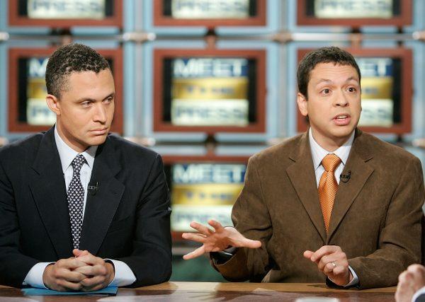 DailyKos website Founder and Publisher Markos Moulitsas (R) during a taping of 'Meet the Press' at the NBC studios on Aug. 12, 2007. (Alex Wong/Getty Images for Meet the Press)