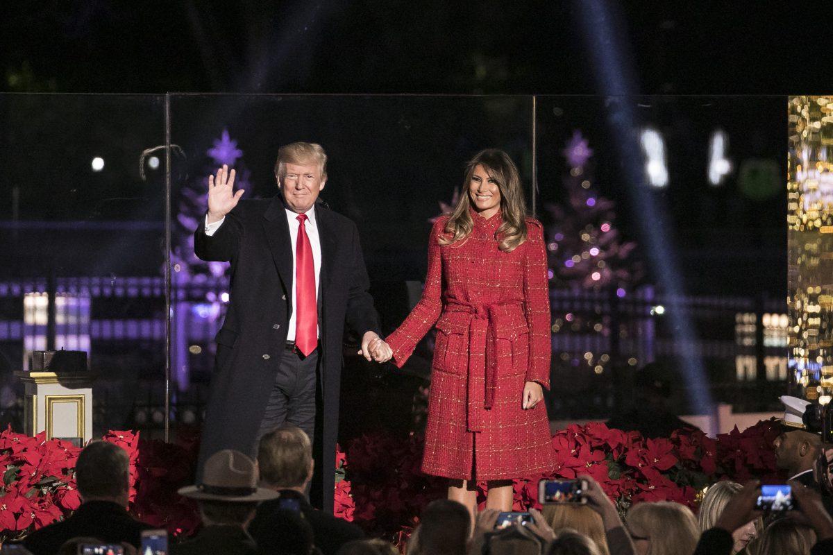 President Donald Trump and First Lady Melania Trump greet the audience at the 95th annual National Christmas Tree Lighting at the White House Ellipse in Washington on Nov. 30, 2017. (Samira Bouaou/The Epoch Times)
