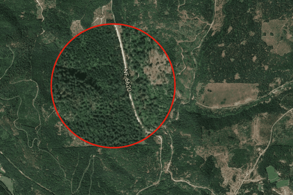 The vehicle was found off Abbott Prairie Road (National Forest Road 6620), approximately 1.5 miles north of the intersection with Elk Creek Road. (Screenshot Google Maps / composite by Tom Ozimek)